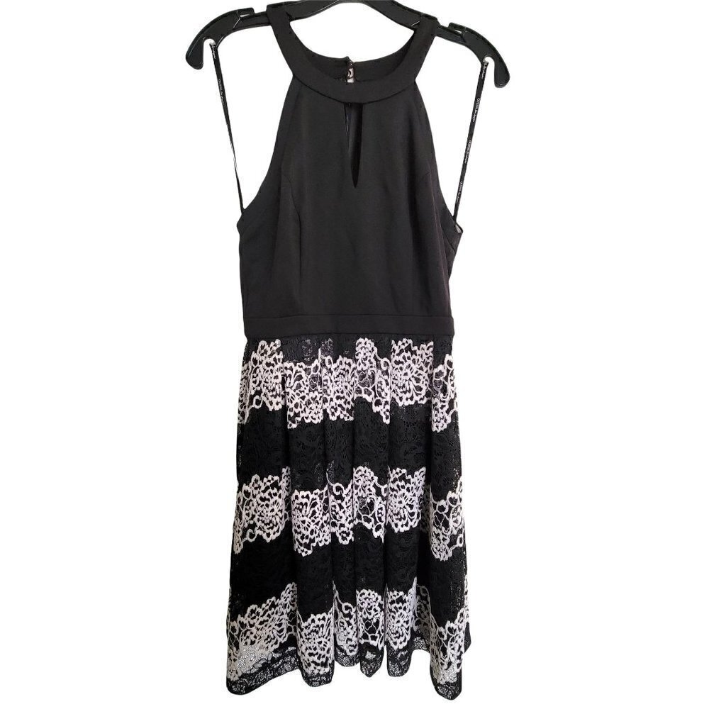 Guess Los Angeles Black Halter Sleeveless Lace Stripe Fit & Flare Dress Size 4